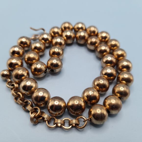 Vintage Gold Tone Metal Beaded Choker Necklace, Strung on Chain, 16 Inches - Picture 2 of 11